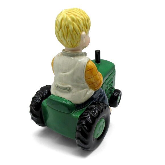 BOY Figurine On Green TRACTOR Ceramic Cookie Jar 11" Farmhouse Decor Rare Vintag - Picture 13 of 15